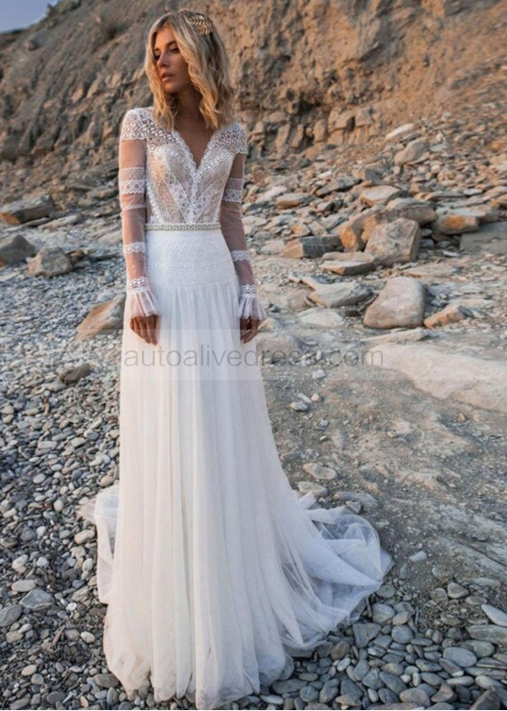 Ivory Lace Tulle Pearl Embellished Boho Wedding Dress